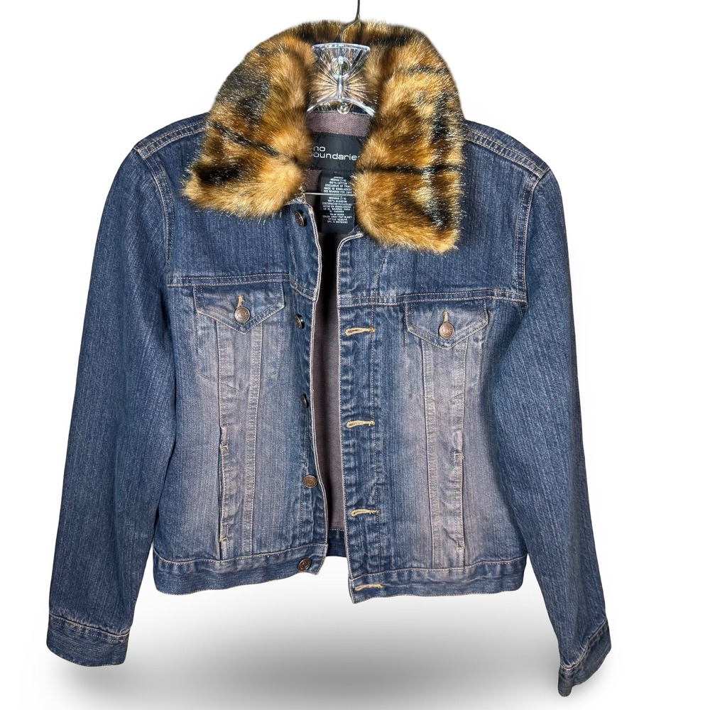 No Boundaries Womens Medium Faux Fur Collar Denim Jean Jacket Y2K Vintage Blue